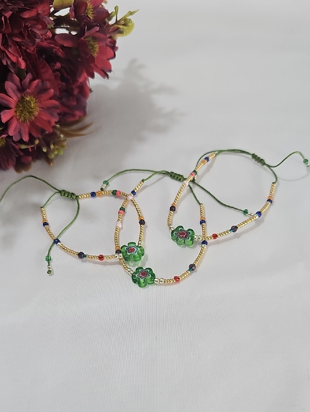 Handmade green String Bracelets Colorful Glass Beads And Green Flowers, Bohemian